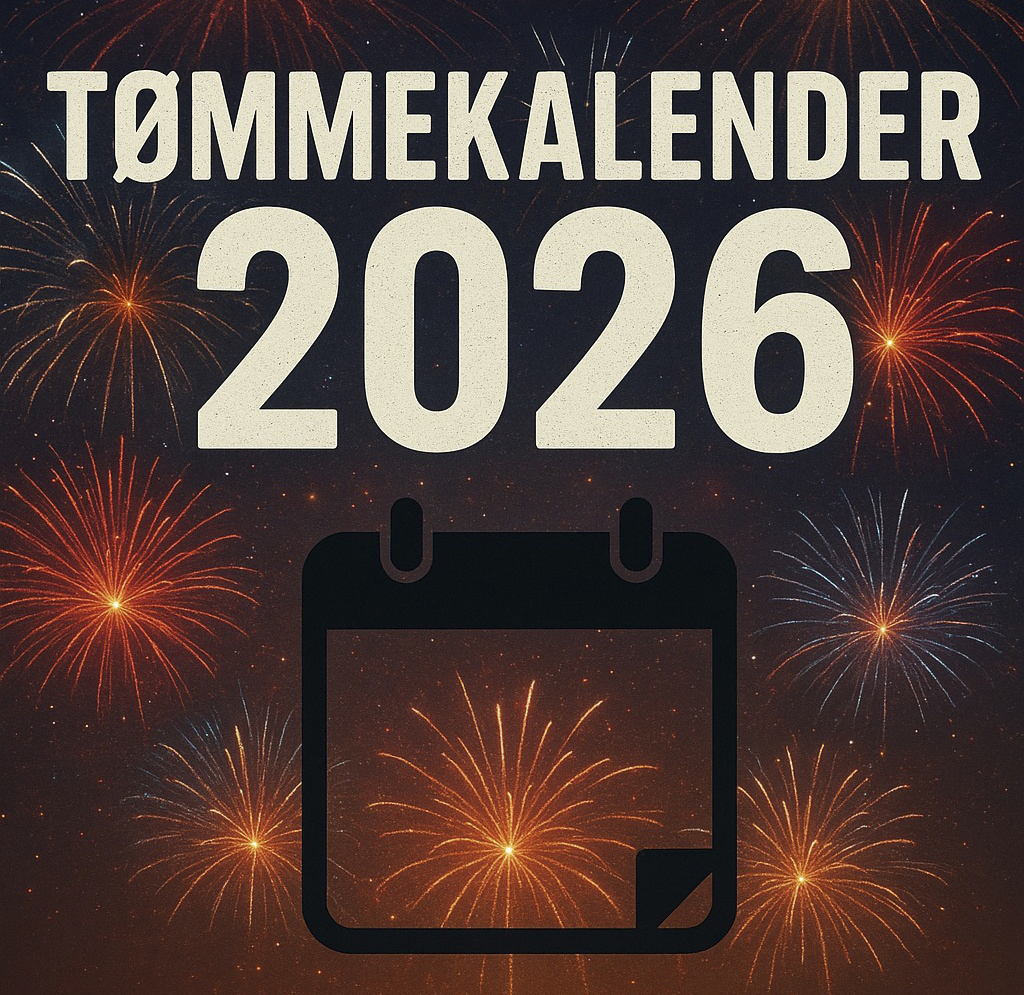 Nytårsraketter med tekst om tømmekalender 2026
