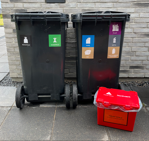MIljøkasse placeret ved affaldscontainere ved hus.